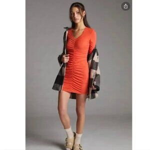 Sundry Anthropologie NWT Ruched V-Neck Long Sleeve Mini‎ Dress in Red Size Small